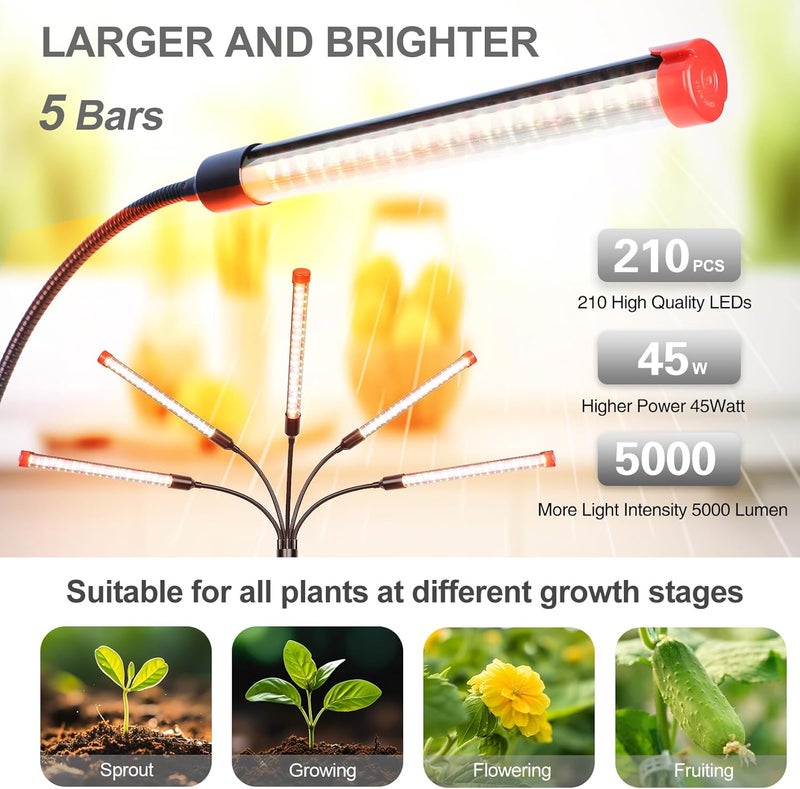 FECiDA Gamechanger! 45W 5Head Tripod Stand Tall Plant Light, 2025 Grow Lights for Indoor Plants with Stand for Bonsai Tree, Big Plants, Full Spectrum Growing Lamp 4,8,12 Hr Timer - Image 4